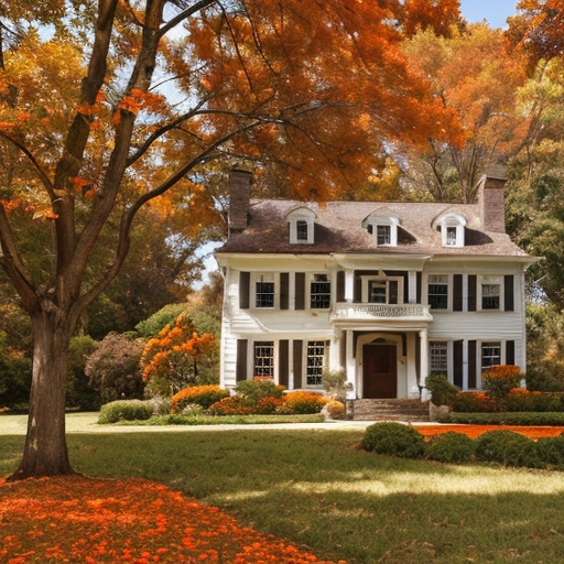 Prompt: An orange old style colonial house surrounded by autumn trees