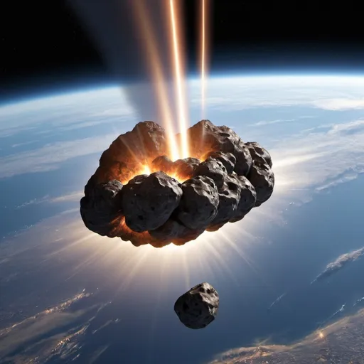 Prompt: multiple meteorites are entering the Earth's atmosphere and slow fly to earth ground