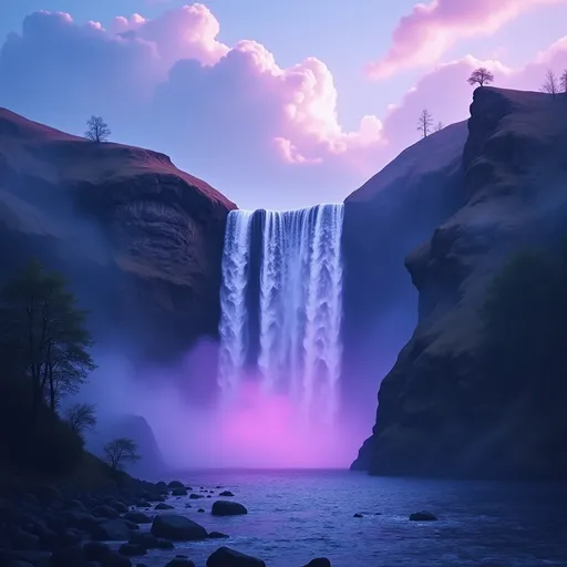 Prompt: a stunning purple waterfall cascading beside majestic mountains, shrouded in vibrant mist from the rain, cool tones of blues and purples blend harmoniously, reflect the delicate beauty of nature, dramatic clouds, serene ambiance, intricate details of foliage and rocky textures, 4K resolution, ultra-detailed, tranquil atmosphere. Above the waterfall is (accurately spelled text "Linda"