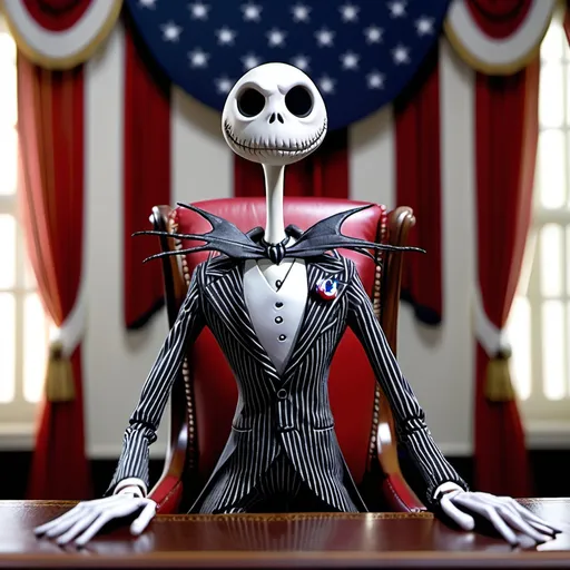 Prompt: (Jack Skellington from "The Nightmare Before Christmas"  as president of the United States.