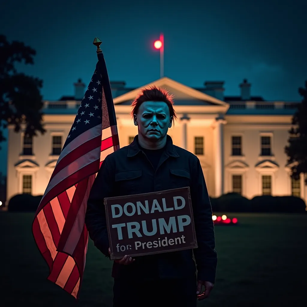 Prompt: Michael Myers (holding an American flag), dramatically contrasting with the exterior of the White House, (ominous atmosphere), (vivid colors), nighttime setting with stark shadows, lighting highlighting the character's mask, sign in bold lettering "(accurately spelled text 'Donald Trump for President')", cinematic quality, ultra-detailed, engaging viewers with a potent blend of horror and political commentary.