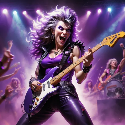 Prompt: rocker mom in her 70s), vibrant 80's rocker outfit, (bold purple colors), dramatic stage lighting, retro music vibes, powerful pose, nostalgic atmosphere, electric guitar in hand, hair flowing, (musical energy), detailed facial features conveying joy, cheering crowd in the background, (high quality), ultra-detailed, dynamic composition