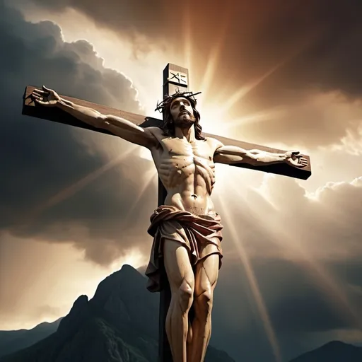 Prompt: Jesus Christ on the cross, (looking up at the sky), emotional expression of sacrifice and hope, dramatic clouds illuminated by light, strong beams casting a divine glow, powerful and reflective ambiance, mountainous landscape in the background, warm color tones with hints of gold and crimson, ultra-detailed, 4K resolution, conveying a poignant blend of suffering and redemption.