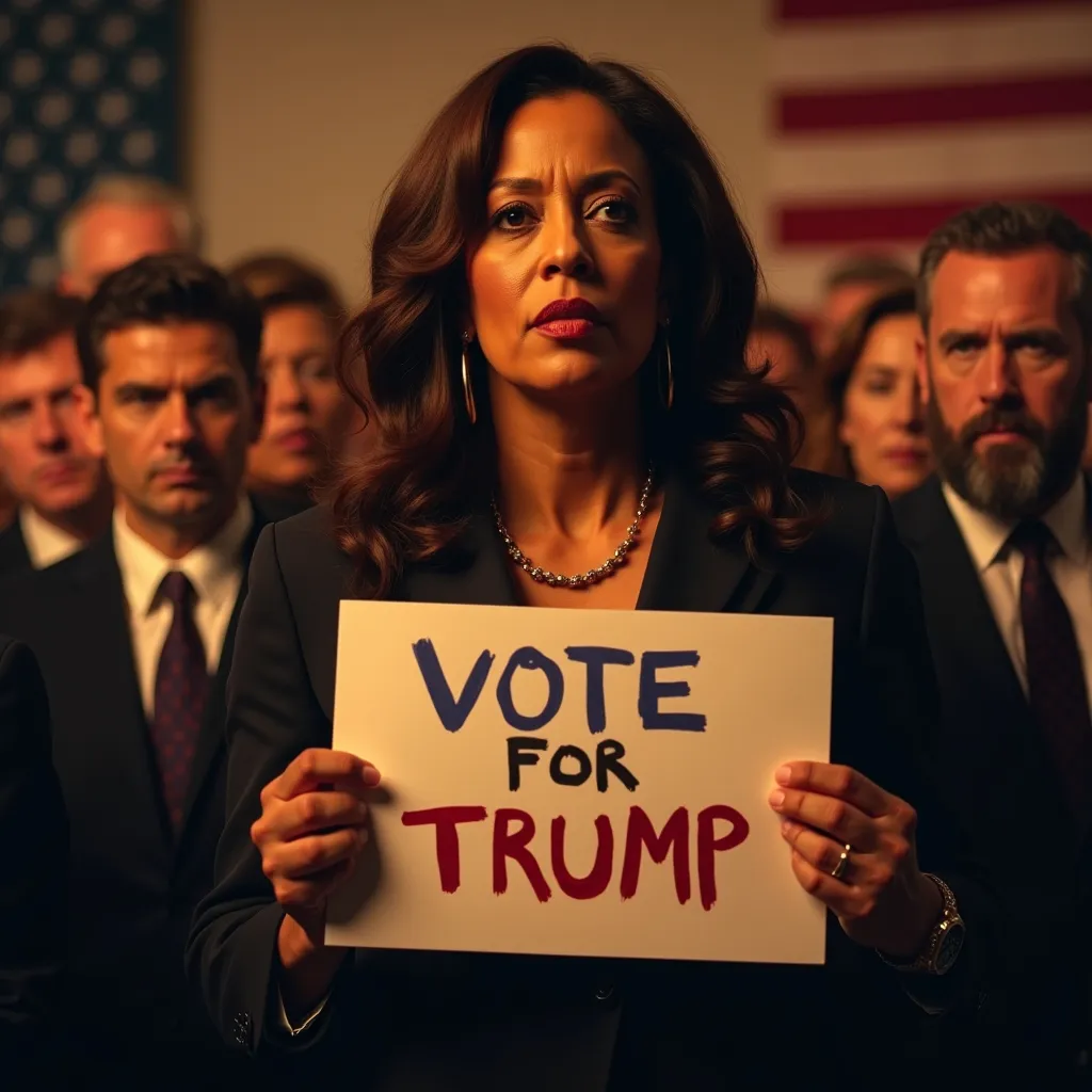 Prompt: (Kampala Harris holding a sign that says vote for Trump.), dynamic scene, expressive body language, tension-filled atmosphere, contrasting emotions, emphasized posture, detailed facial expressions, (dramatic lighting), background featuring a softly blurred political setting, warm colors, high impact composition, ultra-detailed execution, thoughtful gaze, immersive mood, 4K quality