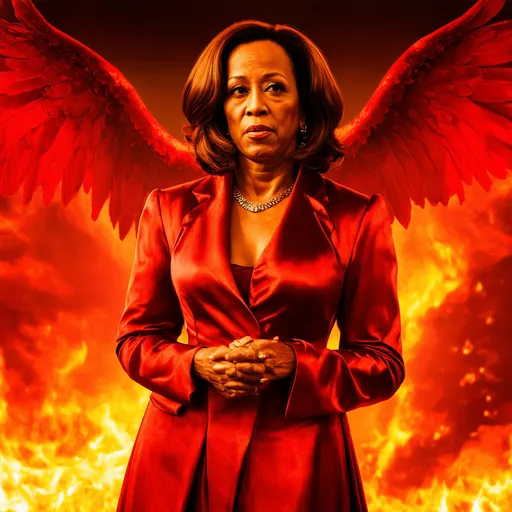 Prompt: Kamala Harris as (Satin), ruling (Hell), dramatic scene, powerful presence, fiery background with intense reds and oranges, ominous dark shadows, atmospheric with a mixture of strong emotions, regal attire embodying authority and strength, detailed features showcasing determination, vibrant composition, high-quality, (ultra-detailed), cinematic masterpiece, captivating and bold visuals.