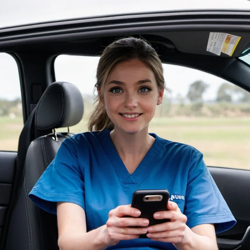 Prompt: A nurse in blue scrubs holding a mobile phone while seated in the front seat of a car. 