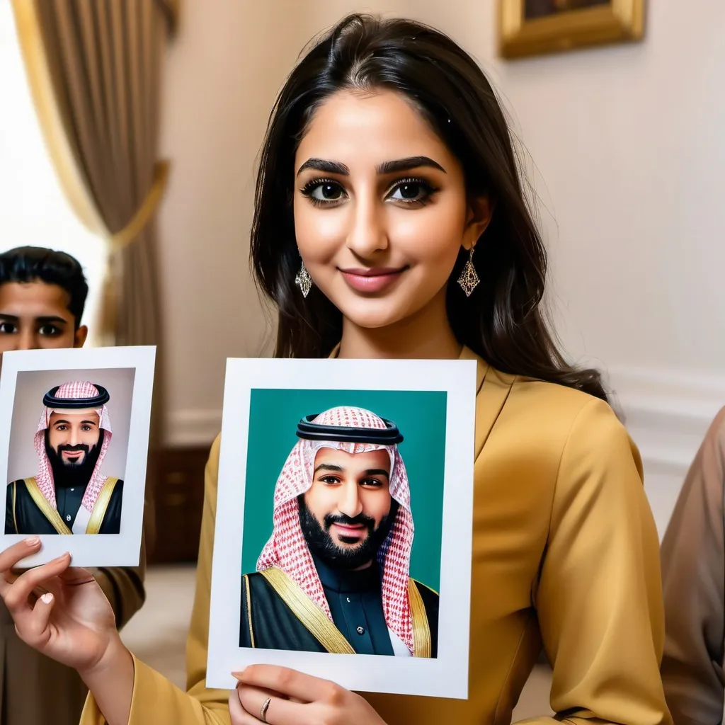 Prompt: صوره فتاه جميله تحمل صور محمد بن سلمان 