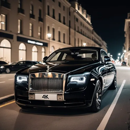 Prompt: 4k, black Rolls Royce, luxury car, elegant design, sleek finish, high-end vehicle, professional photography, high quality, detailed, luxury lifestyle, classy, high-res, prestigious, sophisticated, nighttime cityscape, ambient lighting
