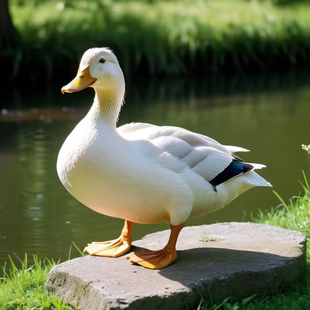 Prompt: Animal, duck, standing on a rock, side view, in a clearing, golden crown on head, sunny day, sandals on legs