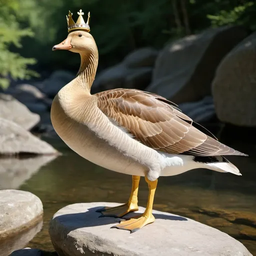 Prompt: Animal, golden-colored goose with golden crown on its head, sandals on its feet, standing on a rock, side view, in a clearing, sunny day