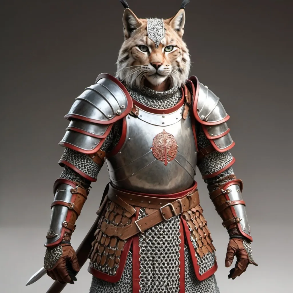 Prompt: A lynx warrior wearing eastern style plate armor and chainmail
