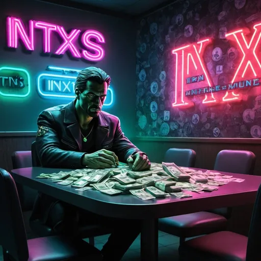 Prompt: There are two guns on the table. A figure of a man sitting at the table can be seen amidst the money on the table. "INTXS" is written in neon lights on the wall behind. This can be designed as a logo.