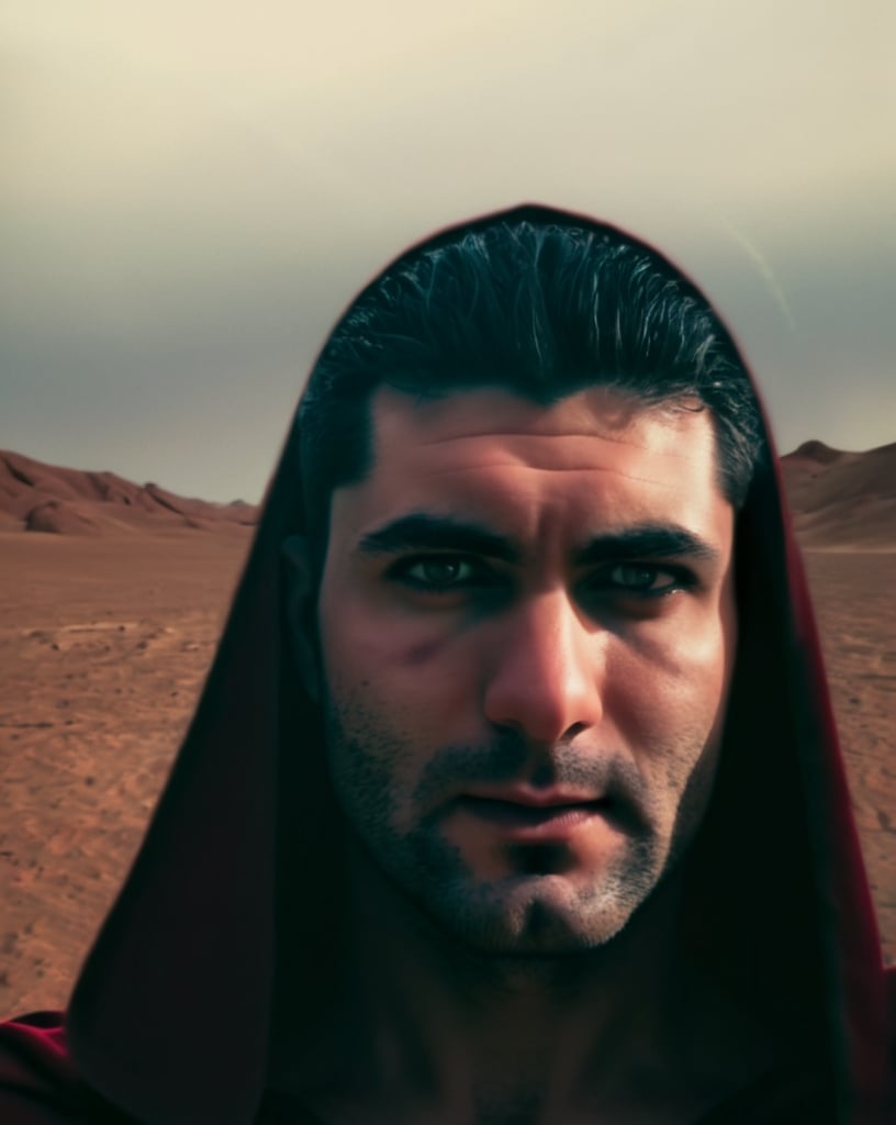 Prompt: Superman posing in the desert, long wavy hair, very long cloak, red burning eyes, dark colors, electric background, intense lighting, high quality, superhero, desert landscape, detailed facial features, long flowing cloak, electric atmosphere, dark tones, atmospheric lighting