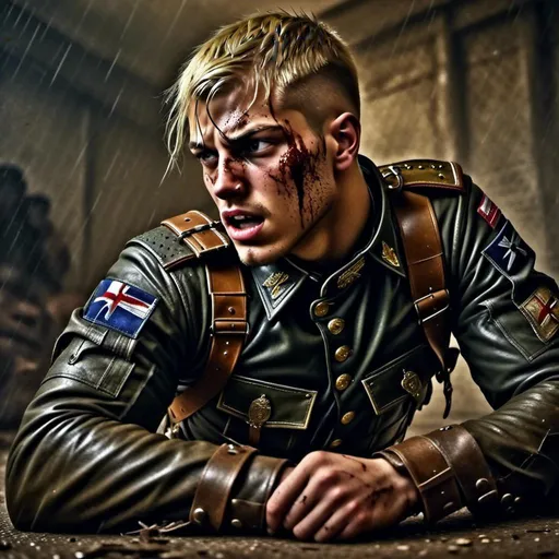 Prompt: <mymodel>WW2 soldier in leather uniform, realistic oil painting, intense battle scene, high quality, realistic, dramatic lighting, historic, detailed facial features, leather textures, war-torn environment, military, traditional art, earthy tones, gritty atmosphere