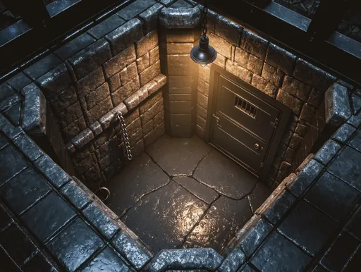 Prompt:  "A high-detail 3D top-down isometric view of a complete rectangular dungeon cell. The walls are constructed from heavy, large-scale dark granite stone blocks with visible mortar and realistic rough textures. One wall features a heavy, reinforced black iron door with a small barred viewing slit. Embedded into the side walls are thick industrial metal rings with hanging rusted chains. The floor is made of cold, cracked dark concrete with subtle moisture reflections. Lighting is provided by a single flickering industrial pendant lamp hanging from the center, creating sharp shadows and a dramatic chiaroscuro effect. The ceiling is partially visible as dark iron beams. High-resolution textures, Unreal Engine 5 render style, ray-tracing, gritty industrial gothic aesthetic, 8k, highly detailed architectural layout."