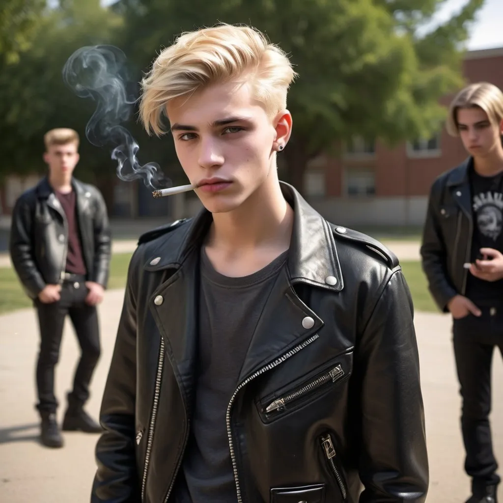 Prompt: Blonde gay 18-year-old student in leather clothes, smoking in schoolyard, with friends, all wearing leather, high quality, realistic, urban, edgy, moody lighting, detailed facial features, leather attire, cool tones, atmospheric, rebellious, detailed surroundings, friends in leather, schoolyard setting, smoking, intense gaze