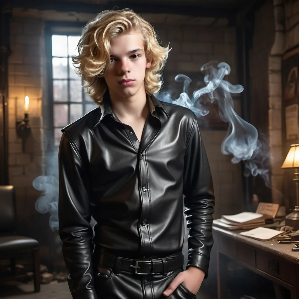 Prompt: Dynamic portrait of a (16-year-old male), smoking confidently, dressed in sleek (black leather pants) and a (stylish leather shirt), showcasing (blonde wavy hair). He wears (leather gloves) and (a collar around his neck). The background features a lively high school dungeon bedroom setting, in the dungeon,filled with (playful atmosphere) reflecting his (youthful rebellious spirit). The overall image is clear, striking, and ultra-detailed.