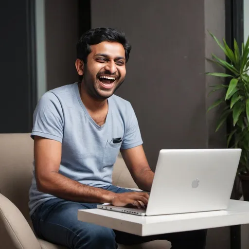 Prompt: An Indian developer with a laptop who is happy and super excited