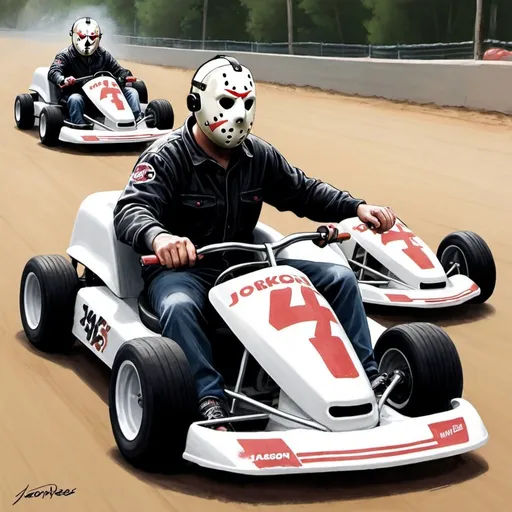 Prompt: drawing of Jason Voorhees racing gokarts