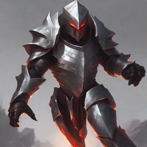 Prompt: Towering figure in sleek, agile armor, gleaming silver metal, faint inner glow, striking angular helmet, glowing red eyes, oversized gauntlets, high quality, detailed, fantasy, sleek design, professional, cool tones, atmospheric lighting, full body