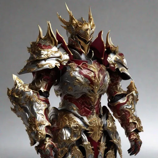 Prompt: Fantasy plate armor based on Barbatos Lupus Rex, intricate metallic details, imposing and regal, high-quality, fantasy, detailed engravings, rich gold and deep crimson color scheme, royal and majestic, dramatic lighting, ornate helm and gauntlets, epic fantasy, baroque design, polished metallic finish