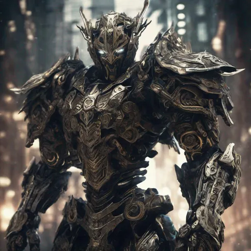 Prompt: Mechanical armored warrior with intricate metal detailing, dark and ominous atmosphere, anime style, metallic tones, glowing eyes, imposing presence, detailed armor, epic battle stance, highres, anime, intricate details, mechanical, dark tones, intense lighting