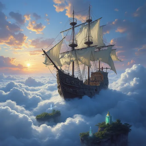 Prompt: A majestic galleon with tattered sails navigates a sea of swirling clouds high above a vibrant, alien world. The ship's hull is adorned with intricate carvings of mythical creatures, and its masts are topped with glowing crystals that illuminate the ethereal sky. The clouds below resemble a swirling ocean, with islands of rock and vegetation dotting the landscape. Imagine a blend of classical maritime art with the fantastical landscapes of Roger Dean and the vibrant colors of Alex Ross, creating a sense of wonder and adventure.