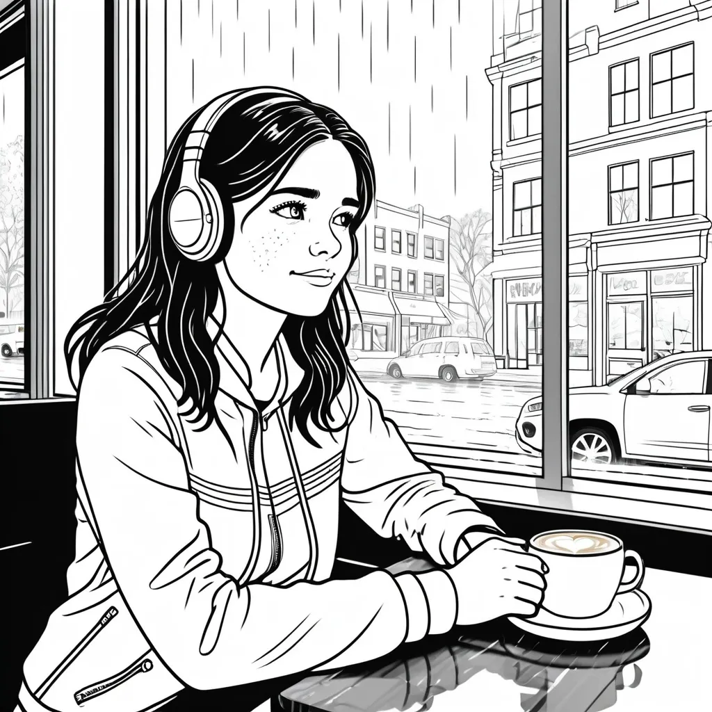 Prompt: B&W coloring book page, line art, solid white background, a girl wearing a headset sitting by the window in a coffee shop, rainy weather outside