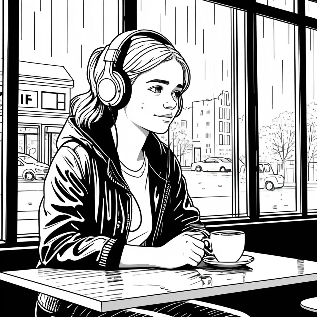 Prompt: B&W coloring book page, line art, solid white background, a girl wearing a headset sitting by the window in a coffee shop, rainy weather outside