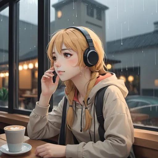 Prompt: a girl wearing a headset sitting by the window in a coffee shop, rainy weather outside, anime style