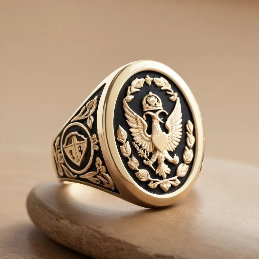 Prompt: Signet ring design for justice, love and protection