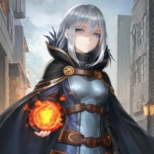 Prompt: blue eyes, gray hair, girl, artificer, fire, fantasy, black cloak, warm colors