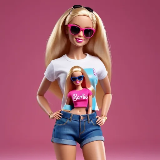 Prompt: High-res 3D rendering of two Barbie dolls with ecru crop tshirt and jean shorts, detailed facial features, with sunglasses, vibrant and colorful, playful and whimsical, professional quality, doll art, detailed hair, lively expressions, doll fashion, 3D rendering, highres, vibrant colors, playful, detailed facial features, whimsical, professional quality, 4k, detailed, high quality, professional, wide view