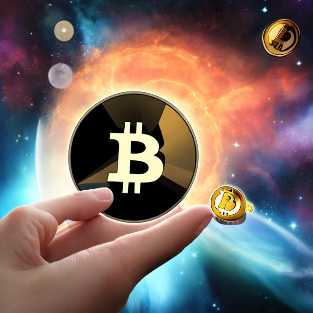 Prompt: strong hand holding a bitcoin in space 

