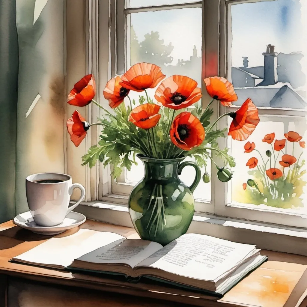 Prompt: a watercolor and ink of a vase of poppies and greens on a table near a window with sunlight coming through make the style more loose and modern. The table that the vase is sitting on should be yellow and have a mug of coffee and a book sitting on it. 


