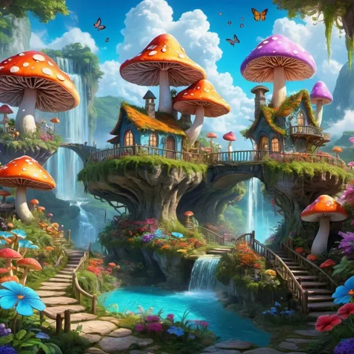 Prompt: flying islands,  vibrant mushrooms, whimsical mushroom house, (lush greenery), (colorful flowers) surrounding, sparkling waterfalls, enchanting atmosphere, (lush blue sky), fluffy white clouds, vivid colors, mythical ambiance, ultra-detailed, high definition, magical garden gazebo, captivating fantasy setting, neon butterflies,  lively and cheerful vibe.