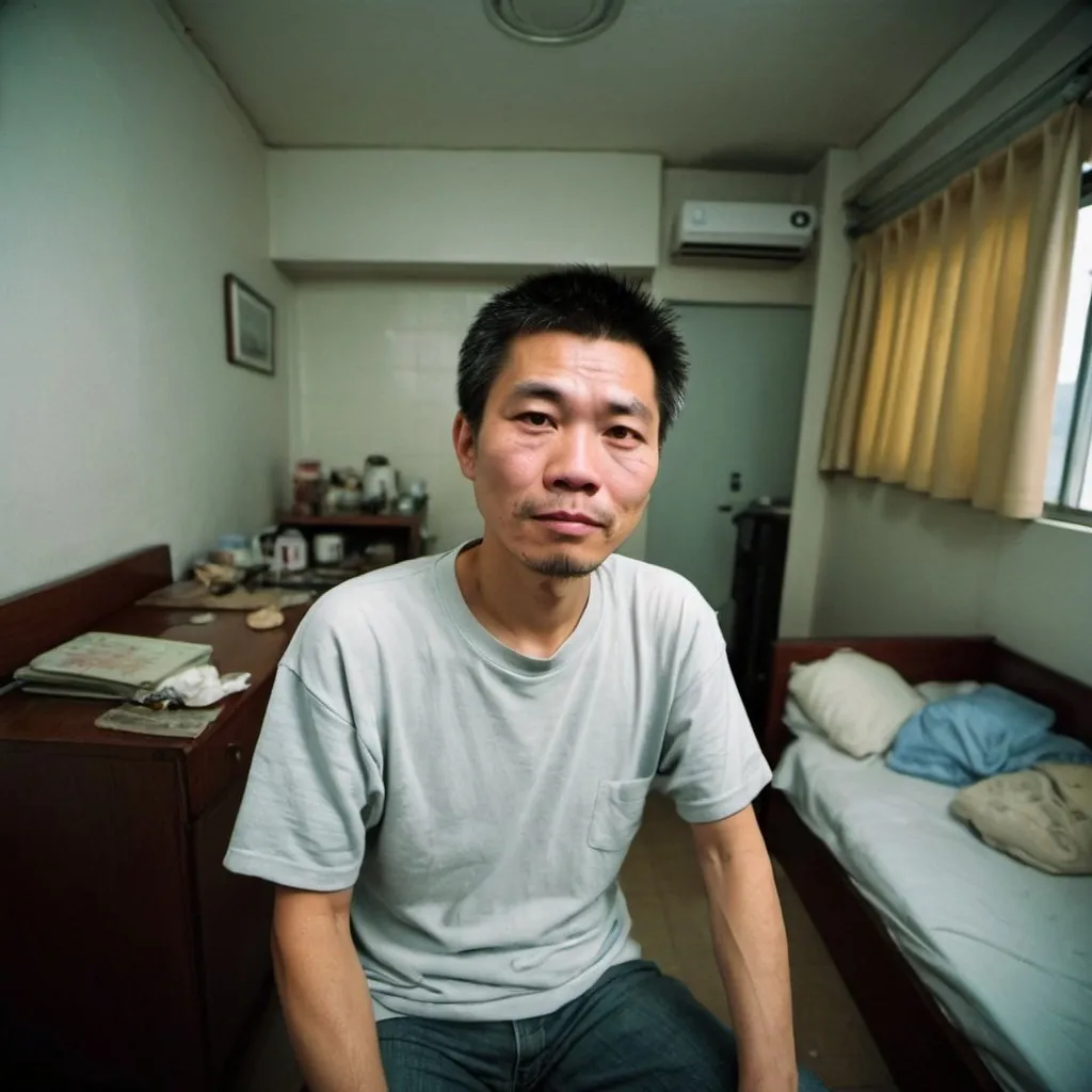 Prompt: He had no self-confidence and betrayed his friends for his own benefit. Chinese man he lived in hong kong in the 2003s, wide angle picture