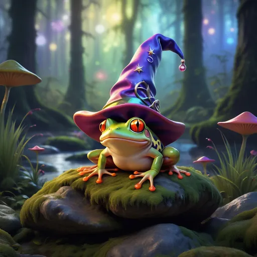 Prompt: Frog wearing a wizard hat, Picasso style, nice, dark, angle 