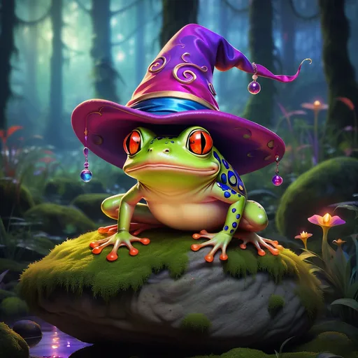 Prompt: Frog wearing a wizard hat, Picasso style, nice, dark, angle 