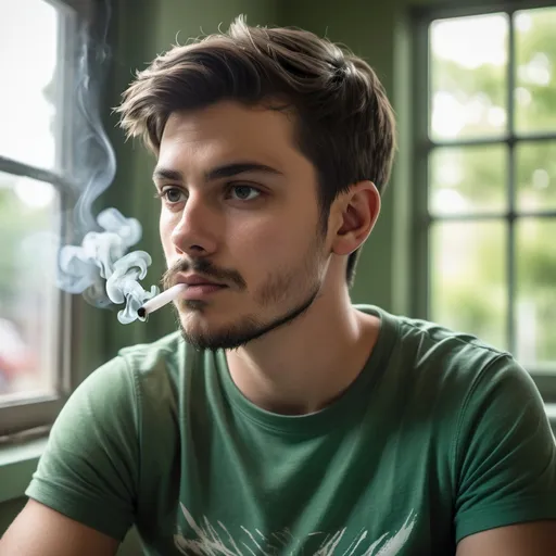 Prompt: A young man with short, dark hair and a neatly trimmed beard sits in front of a window, exhaling a plume of smoke that curls around his lips. His expression is relaxed, yet contemplative, as he gazes into the distance, dressed in a casual green t-shirt featuring a graphic design across the chest. The background reveals a bright indoor setting, illuminated by natural light filtering through the window, which highlights the smoke's delicate wisps in the air. The overall mood conveys a sense of introspection, enhanced by the simple, uncluttered environment surrounding him.