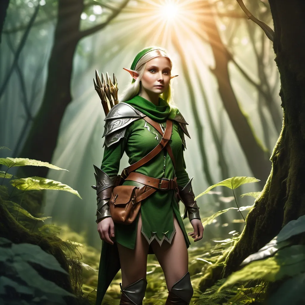 Prompt: Elf ranger in a mystical forest around sunlight