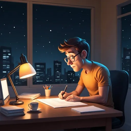 Prompt: A cartoon character designing a website late at night at a desk with only a lamp light