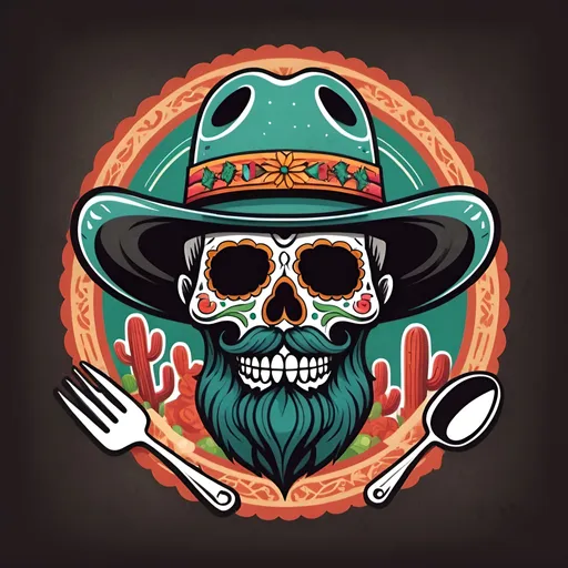 Prompt: A bearded candy skull in a Stetson. wields BBQ utensils amidst swirling smoke, Mexican folklore - rustic , papel picado, and cacti. It's a flavorful fusion of barbecue mastery and vibrant culture in one enticing logo.