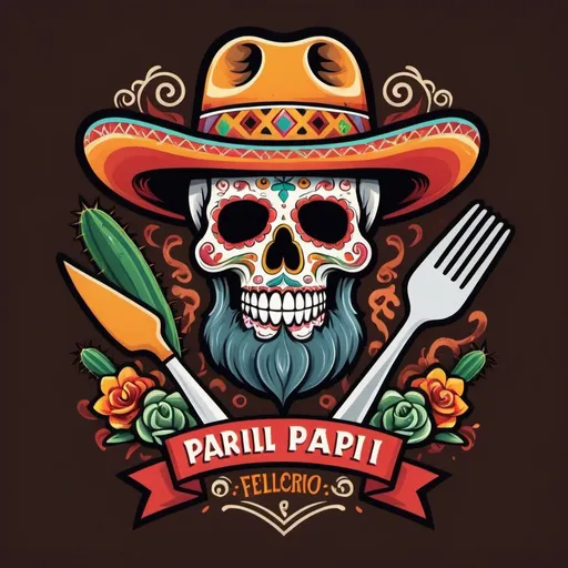 Prompt: A bearded candy skull in a Stetson. wields BBQ tongs and spatula amidst swirling smoke, Mexican folklore - rustic , papel picado, and cacti. It's a flavorful fusion of barbecue mastery and vibrant culture in one enticing logo.
Add name : Parrillero Papi