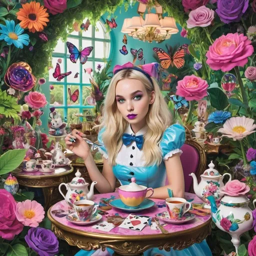 Prompt:  botanical Alice in wonderland mixed with Lisa frank tearoom 