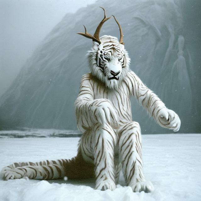 Prompt: photograph of a thin 100 foot tall humanoid creature with a long white flowing yeti robe and a white tiger mask, white tiger face, long flowing plumage, sitting on a snowy plateau, on a snow-covered a siberian mountain, grainy webcam footage, low budget special effects, practical effects, arctic, cryptozoology --ar 16:9 --v 5.2