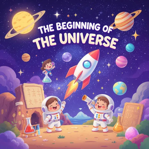 Prompt: A professional and colorful poster for a children's educational course titled "The Beginning of the Universe". The design should be joyful, imaginative, and engaging, using a 3D cartoon style with soft lighting.

Include fun and educational elements such as:

A rocket ship launching

Kids wearing space suits exploring space

The solar system with the sun, moon, stars, and planets

A telescope pointed to the sky

Early Earth with volcanoes, oceans, and landmasses

Ancient humans discovering fire, drawing symbols, and using early tools

Cave walls with early writing and symbols

Egyptian numerals and evolving numbers


Add icons and visuals of science experiments: flasks, test tubes, sensory tools.

Show excitement and curiosity: sparkles, question marks, glowing orbits.

Leave clear space for Arabic text at the top and bottom (title + course info).
Use a playful modern font style placeholder for headings.

The poster should reflect fun, discovery, and child-friendly science exploration. Use a balanced layout suitable for ages 6–12.
