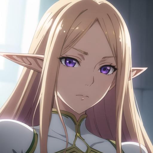 Prompt: Closeup face portrait of an elf, smooth soft skin, big dreamy purple eyes, beautiful intricate blonde hair, symmetrical, anime wide eyes, soft lighting, detailed face, by makoto shinkai, stanley artgerm lau, wlop, rossdraws, concept art, digital painting, looking into camera