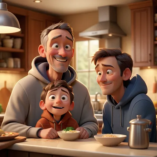 Prompt: Create a high-quality 3D image of a father and son in a cozy kitchen setting. The father should have a warm smile and be wearing a hoodie, while the son looks up at him with admiration. The kitchen should have soft, warm lighting with modern decor. The image should have a Pixar-like animation style with detailed textures and expressions."