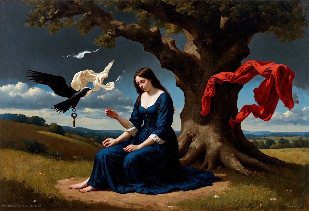 Prompt: Caravaggio painting of a sorrowful woman, dark blue sleep dress hadleing a key in left hand, sitting under an single old huge oak tree in the hills, black wing little angle on her leftside trying to controll her, whithe wing angle on the right side trying to help her, red fabrick blows to the wind from her wrist details, dark sky background, numb emotional expression, high quality, Caravaggio style,darktone color palette, natrual lighting, detailed fabric folds